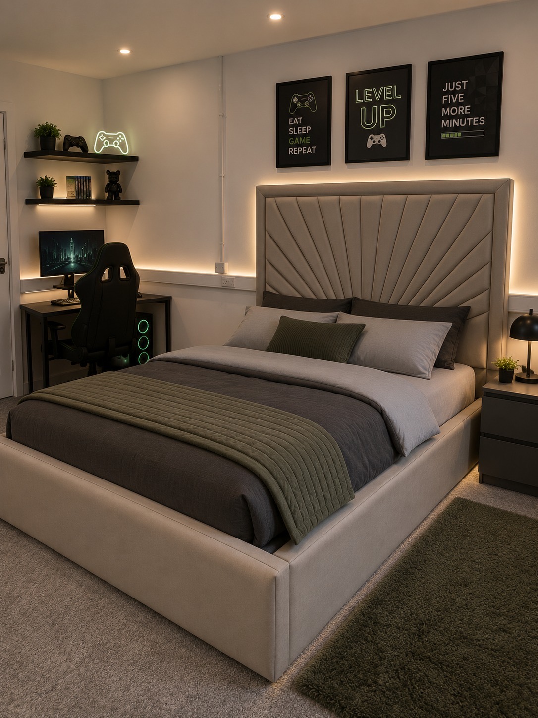 Luxury upholstered bed with a sunburst panel headboard