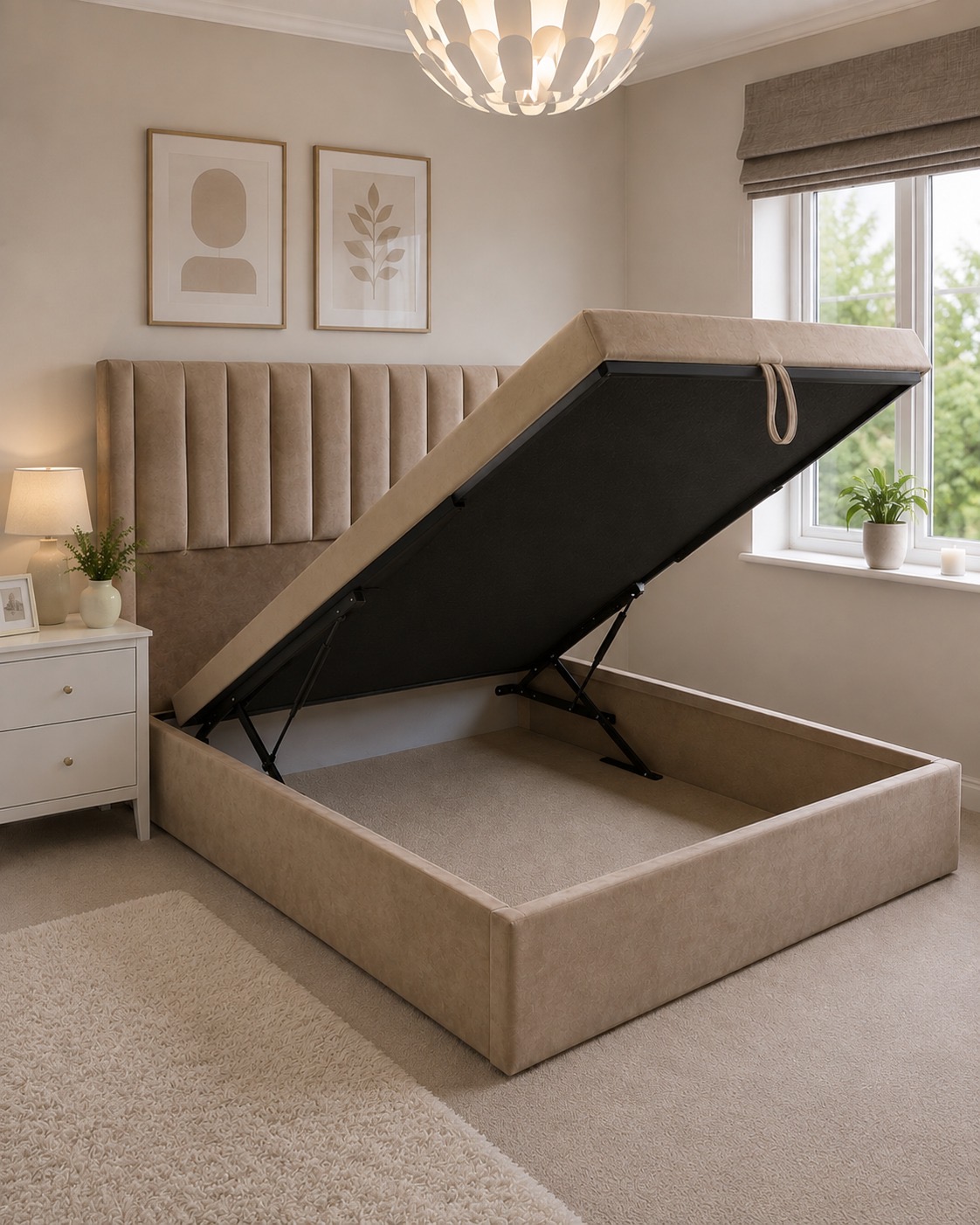 Beige ottoman bed with storage open